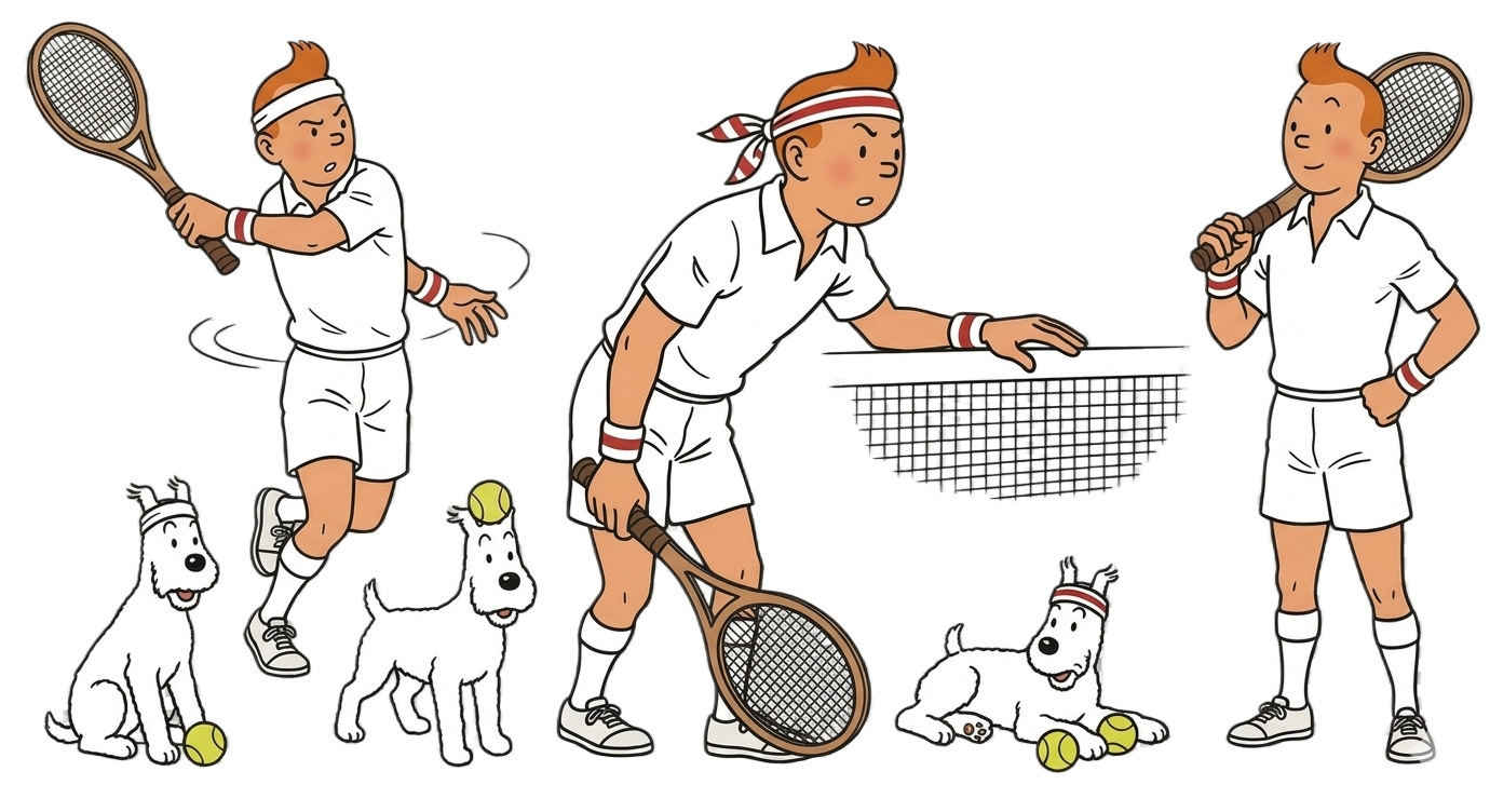 Ilustração de jogador de tênis e cachorro